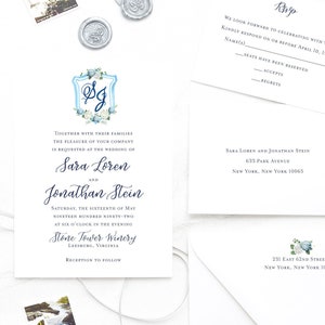 Blue Monogram Watercolor Wedding Invitation - Blue and White Wedding - Blue Wedding - Hydrangea Wedding - Wedding Crest - Printed