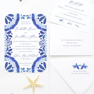 Blue Watercolor Wedding Invitation - Blue and White Wedding - Blue Wedding - Mexican Wedding - Spanish Wedding - Talavera Wedding - Printed