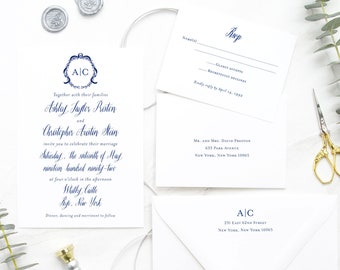 Monogram Wedding Invitation Set, Wreath Monogram Wedding Invitation Suite, Wreath Wedding Invitation Set, Elegant Wedding Invitations