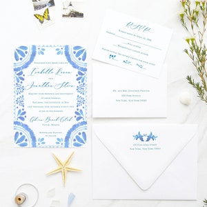 Dusty Blue Watercolor Wedding Invitation - Dusty Blue Wedding - Mexican Wedding - Spanish Wedding - Talavera Wedding - Printed Set