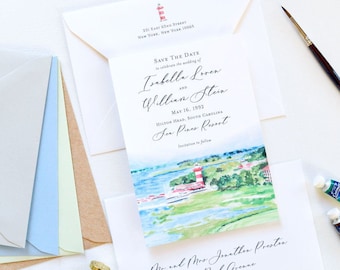 Wedding Save The Dates - Save The Date Cards - Hilton Head Island Wedding - Destination Wedding - Watercolor Wedding Venue - Printed