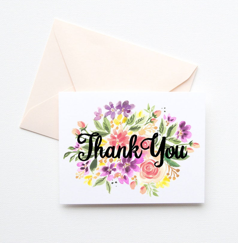 Floral Thank You Cards Set of 8 Watercolor Flowers Thank You Etsy