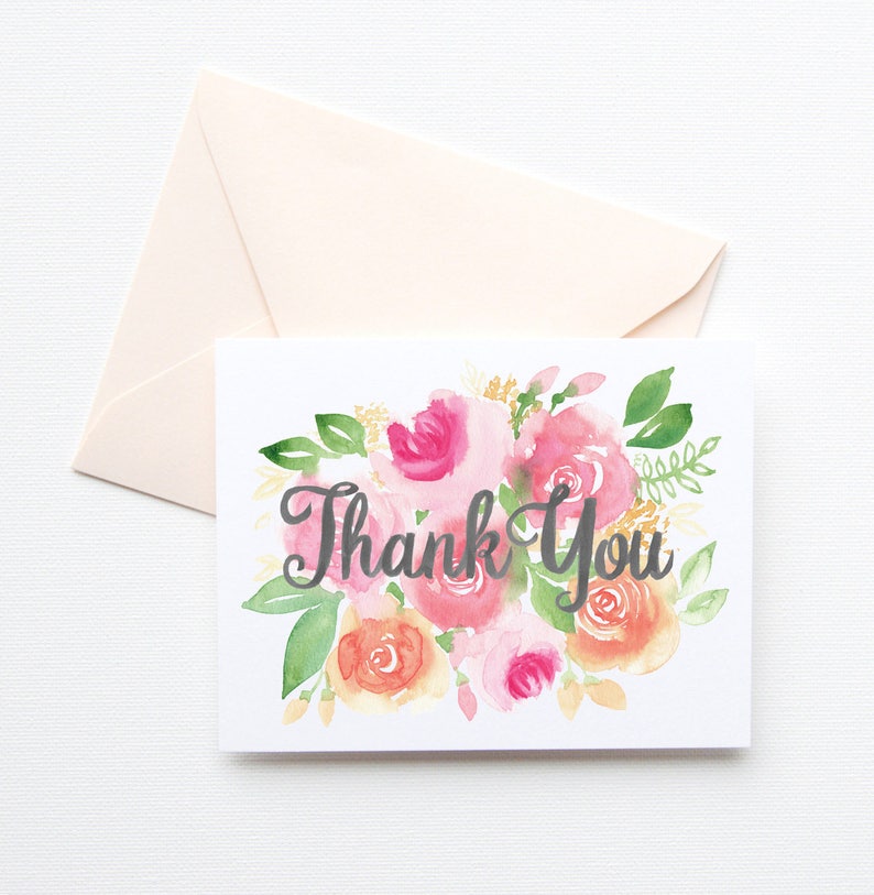 Floral Thank You Cards Set of 8 Watercolor Flowers Thank You Etsy