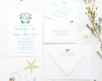 Watercolor Beach Wedding Invitations – Tropical Crest Design, Printed Cards