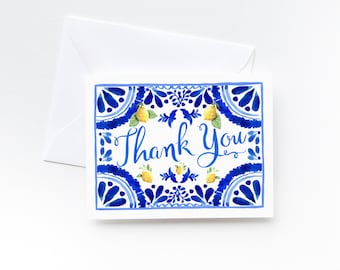 Thank You Cards Set of 8 - Mediterranean Tile and Lemons Thank You Cards - Thank You Note Cards with Envelopes - Tuscan Tile Thank You Cards