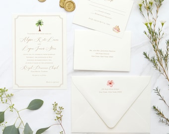 Beach Wedding Invitation - Palm Tree Wedding Invitations - Seaside Wedding - Watercolor Wedding - Island Wedding - Printed