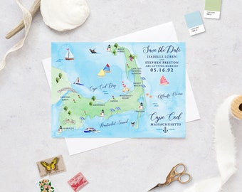 Cape Cod Save the Date Cards - Destination Wedding Save the Date Map - Cape Cod Map - Nautical Island Wedding Save the Date - Watercolor Map