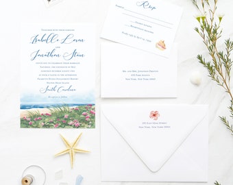 Watercolor Beach Wedding Invitation – Coastal Seaside Island Design
