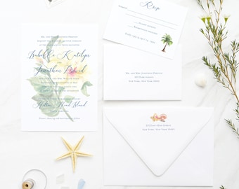 Watercolor Floral Beach Wedding Invitations – Tropical Seaside Botanical Design