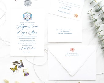 Watercolor Beach Wedding Invitations – Nautical Crest Design, Tropical Chic Style