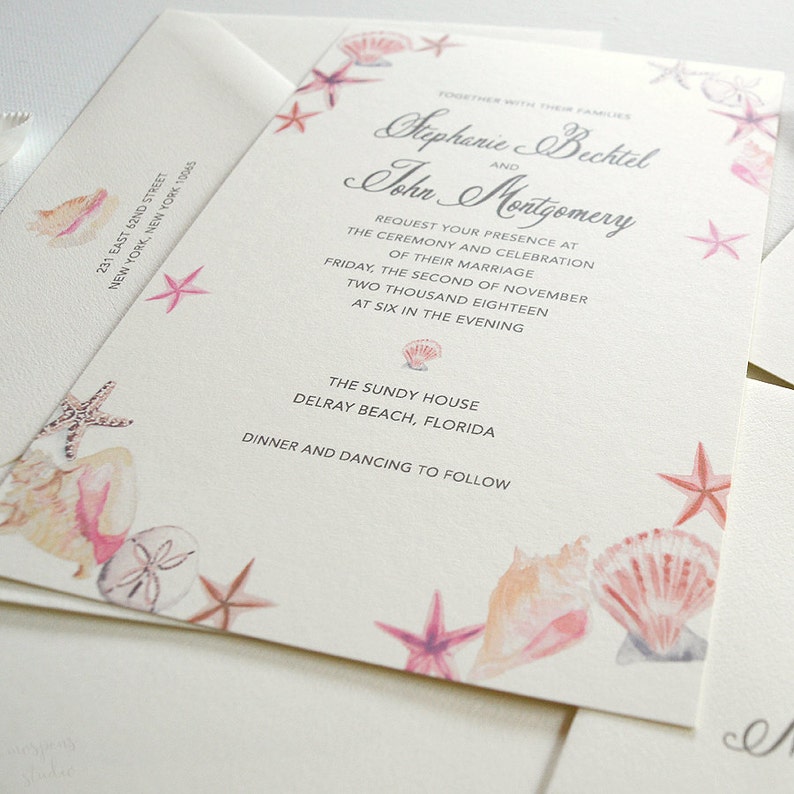 Beach Wedding Invitations Seashell Wedding Invitation Seaside Wedding Watercolor Wedding Island Wedding Printed image 3