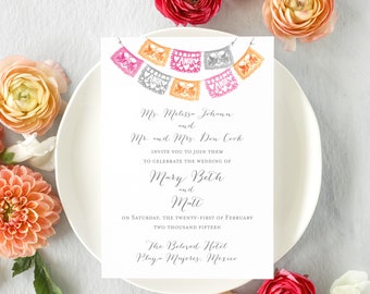 Mexican Wedding Invitations - Papel Picado Wedding Invitation - Mexican Fiesta Wedding - Destination Wedding - Watercolor Wedding - Printed