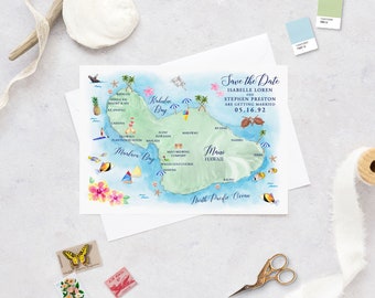 Save The Date Cards, Maui Map Save The Date Cards, Watercolor Map Save The Dates, Maui Hawaii Save The Date