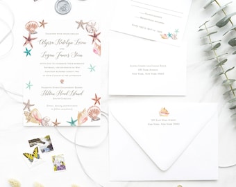 Watercolor Seashell Beach Wedding Invitation – Coastal Seaside Island Design