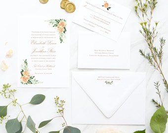 Peach Floral Wedding Invitation - Orange Wedding Invitations - Peach and Green Wedding - Garden Wedding - Floral Wedding - Printed