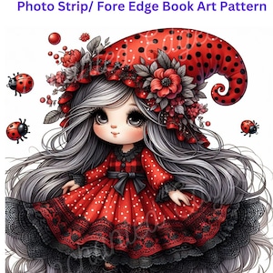 Może przedstawiać: Cyfrowa ilustracja dziewczyny z długimi szarymi włosami, ubrana w czerwoną sukienkę w białe kropki i czerwony kapelusz w czarne kropki. Jest otoczona czerwonymi biedronkami.