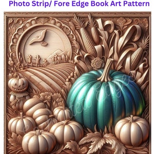 May include: A detailed, sepia-toned artwork featuring a harvest theme. A large, teal pumpkin is surrounded by smaller pumpkins and corn stalks. The background includes a carved landscape with a field, a scarecrow, and a flying bird, all within a decorative frame.