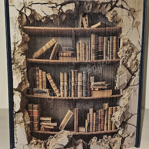 May include: A bookshelf made of folded paper with a realistic image of a bookshelf filled with books. The bookshelf is set against a background of a cracked wall with a tree branch.
