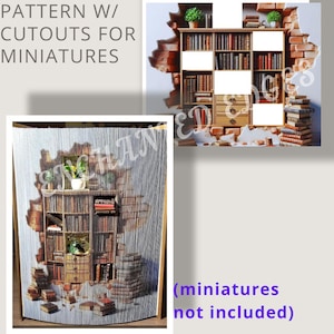 May include: A papercraft pattern for a bookshelf with cutouts for miniatures. The pattern is printed on a white background with a gray and white striped pattern. The pattern is shown in a folded state, with the bookshelf visible in the center. The pattern is surrounded by a white border.