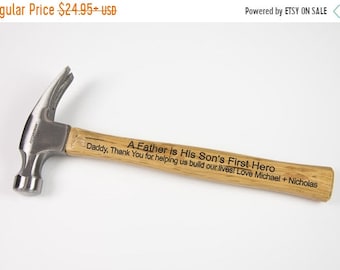 ETSY CELEBRATION SALE A Father is his Son's First Hero - You are the best dad! Message engraved hammer with name Personalized gift for him