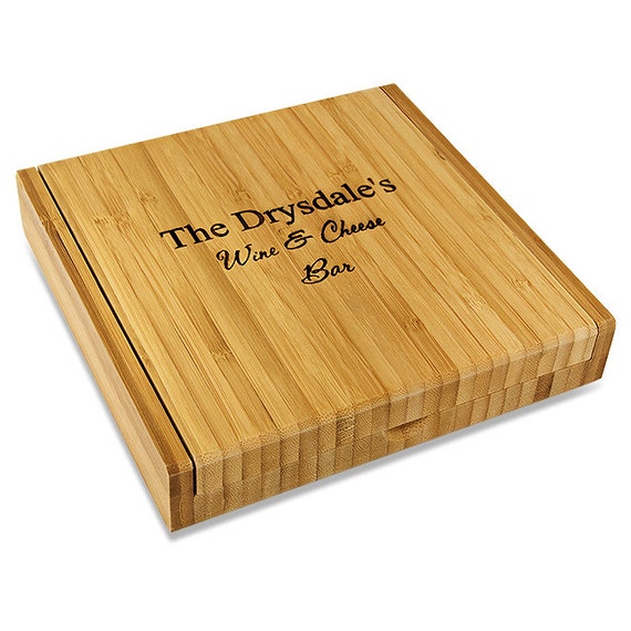 SHIPS Fast. Personalized Bamboo Cheese Set With Tools. 8" x 8" Bamboo Cheese Set with 4 Tools