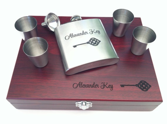 Laserable Stainless Steel Flask 6 oz Set in Wood Presentation Box Best Man Flask Set with Shot Glasses & Wood Box