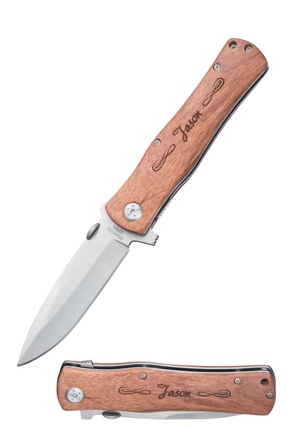 Groomsmen Knive - Laser Engraved 4 1/2 inch Wood Handle Pocket Knives - Great for Groomsmen, Usher's, Father's, Hunting Knife,