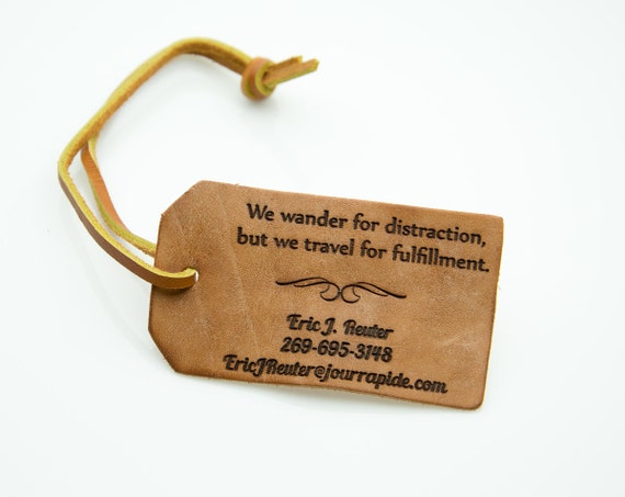 Tanned Leather Personalized luggage tag - Contact information tag with personal information - Famous quotes - Leather tag with leather strap