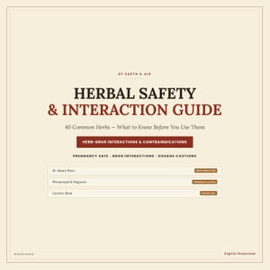 以下が含まれることがあります： Of Earth & Airによるデジタルダウンロード「Herbal Safety & Interaction Guide」。40種類の一般的なハーブが記載されており、ハーブと薬の相互作用、禁忌、妊娠中の安全性、投与量の注意点に関するセクションが含まれています。