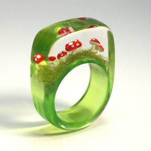 Cute fly agaric ring Flying luck with red-white spotted plastic mini-mushrooms on a green ring in resin as a lucky charm image 6