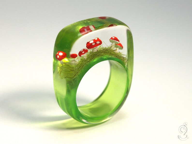 Cute fly agaric ring Flying luck with red-white spotted plastic mini-mushrooms on a green ring in resin as a lucky charm image 6