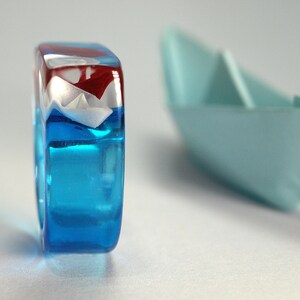 Ship ahoy maritime boat ring with hand-made folded mini boats made of light blue and blue paper on a blue ring made of resin image 8