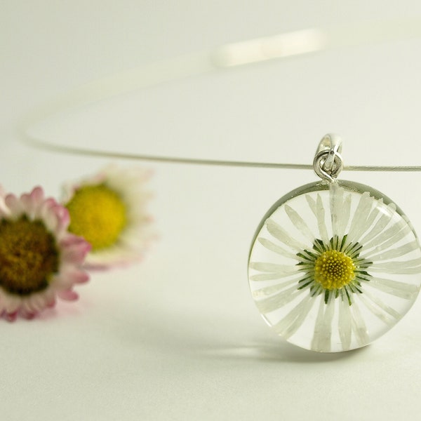 Daisy – tender blossom-necklace with a real white-yellow daisy in resin and silver-coated stainless steel wire