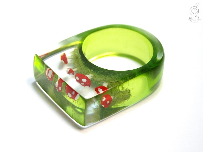 Cute fly agaric ring Flying luck with red-white spotted plastic mini-mushrooms on a green ring in resin as a lucky charm image 3