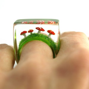 Cute fly agaric ring Flying luck with red-white spotted plastic mini-mushrooms on a green ring in resin as a lucky charm image 4