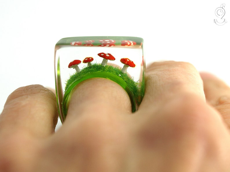 Cute fly agaric ring Flying luck with red-white spotted plastic mini-mushrooms on a green ring in resin as a lucky charm image 4