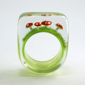 Cute fly agaric ring Flying luck with red-white spotted plastic mini-mushrooms on a green ring in resin as a lucky charm image 7