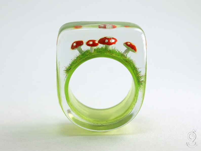 Cute fly agaric ring Flying luck with red-white spotted plastic mini-mushrooms on a green ring in resin as a lucky charm image 7