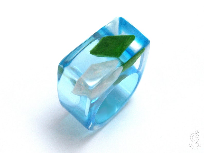 Ship ahoy maritime boat ring with hand-made folded mini boats made of light blue and blue paper on a blue ring made of resin image 5