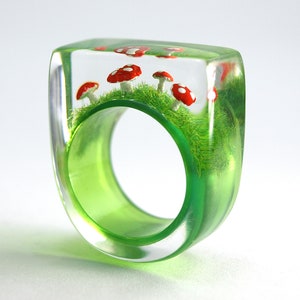 Cute fly agaric ring Flying luck with red-white spotted plastic mini-mushrooms on a green ring in resin as a lucky charm image 1