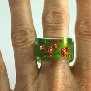 Cute fly agaric ring Flying luck with red-white spotted plastic mini-mushrooms on a green ring in resin as a lucky charm image 2