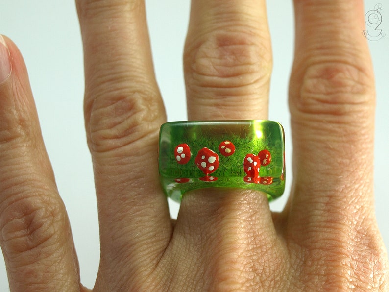 Cute fly agaric ring Flying luck with red-white spotted plastic mini-mushrooms on a green ring in resin as a lucky charm image 2