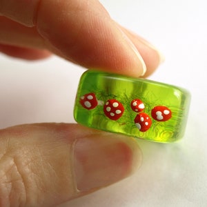 Cute fly agaric ring Flying luck with red-white spotted plastic mini-mushrooms on a green ring in resin as a lucky charm image 5