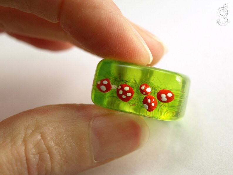 Cute fly agaric ring Flying luck with red-white spotted plastic mini-mushrooms on a green ring in resin as a lucky charm image 5