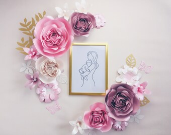 GIANT PAPER FLOWERS, nursery wall decor, blush pink wall flowers, floral girl room wall art + free gloden letter