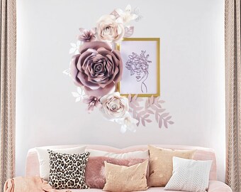 FLORES DE PAPEL DECORACIÓN DE PARED, flores de oro rosa para habitación de niñas, arte de pared de rosas de dormitorio, flor de pared de vivero, flores colgantes de pared de salón de belleza