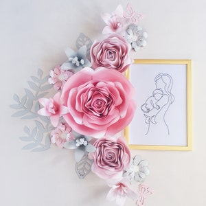 3D PAPER FLOWERS WALL decor, pink and gray wall art, floral nursery decor, wall hanging for girls room, large paper roses