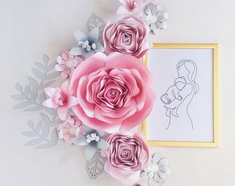 GIANT PAPER FLOWERS decorazione da parete per vivaio, grande fiore da appendere al muro, arte della parete rosa, stanza della ragazza rosa e grigia, decorazione della camera da letto