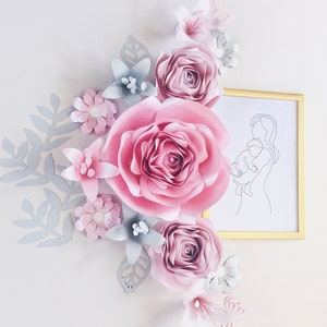 FLORAL GIRL NURSERY wall - pink and gray paper flowers - baby shower decor