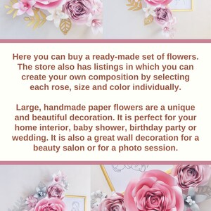 May include: Large pink paper flowers with white and gray accents. The flowers are arranged in a cluster on a wall with a framed drawing of a mother and child. The flowers are a unique and beautiful decoration for a home, baby shower, birthday party, wedding, beauty salon, or photo session.
